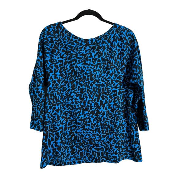 Rafaella Top Women's L Blue Black Animal Print 3/4 Sleeve Scoop Neck Ring Detail - Picture 7 of 7